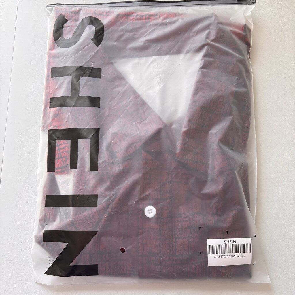 SHEIN Size 5XL Red Black Grid Pattern Button-Up Men's Short Sleeve Shirt NIB