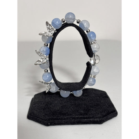 Blue Faceted Crackle Blue & Clear Bead Butterfly Charm Stretch Bracelet NWT