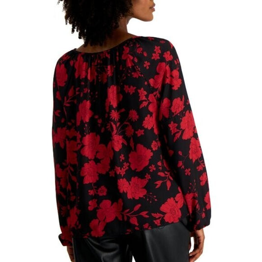 Tinsel Petite PXS Black & Red Floral Front-Keyhole Blouson-Sleeve Blouse/Top NWT