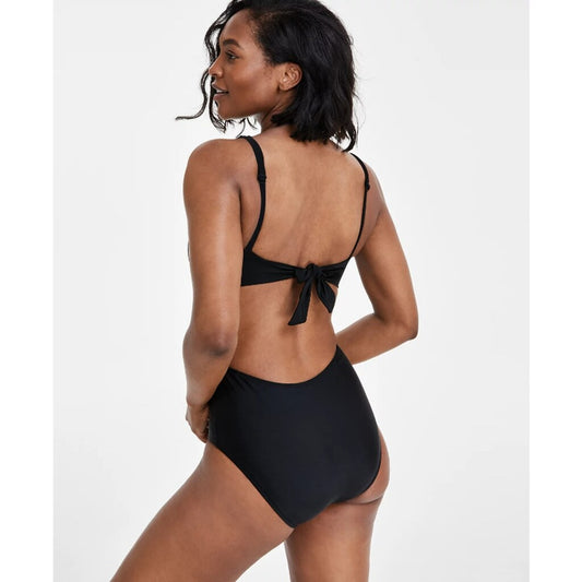 Bar III Women's Medium Black & Silver Stud Plunge One-Piece Swimsuit NWT