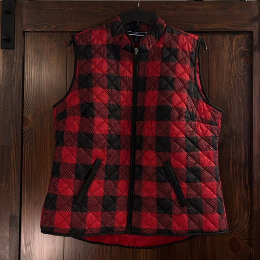 Karen Scott Women's XS Red and Black Buffalo-Check / Plaid Puffer Vest NWT.