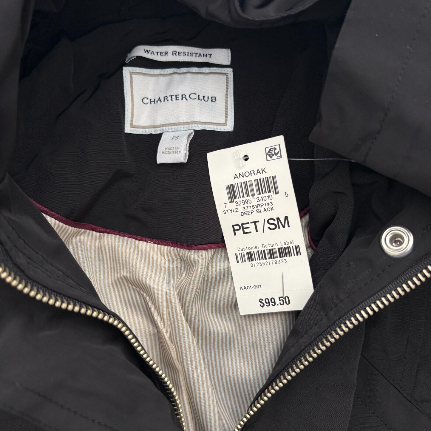 Charter Club Petite Black Hooded Anorak Rain Jacket Drawstring Waist NWT