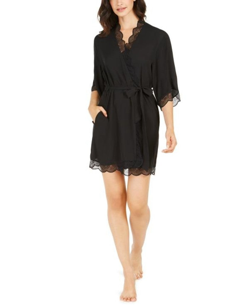 INC International Concepts Women's Small Black Lace Trim Chiffon Robe NWT