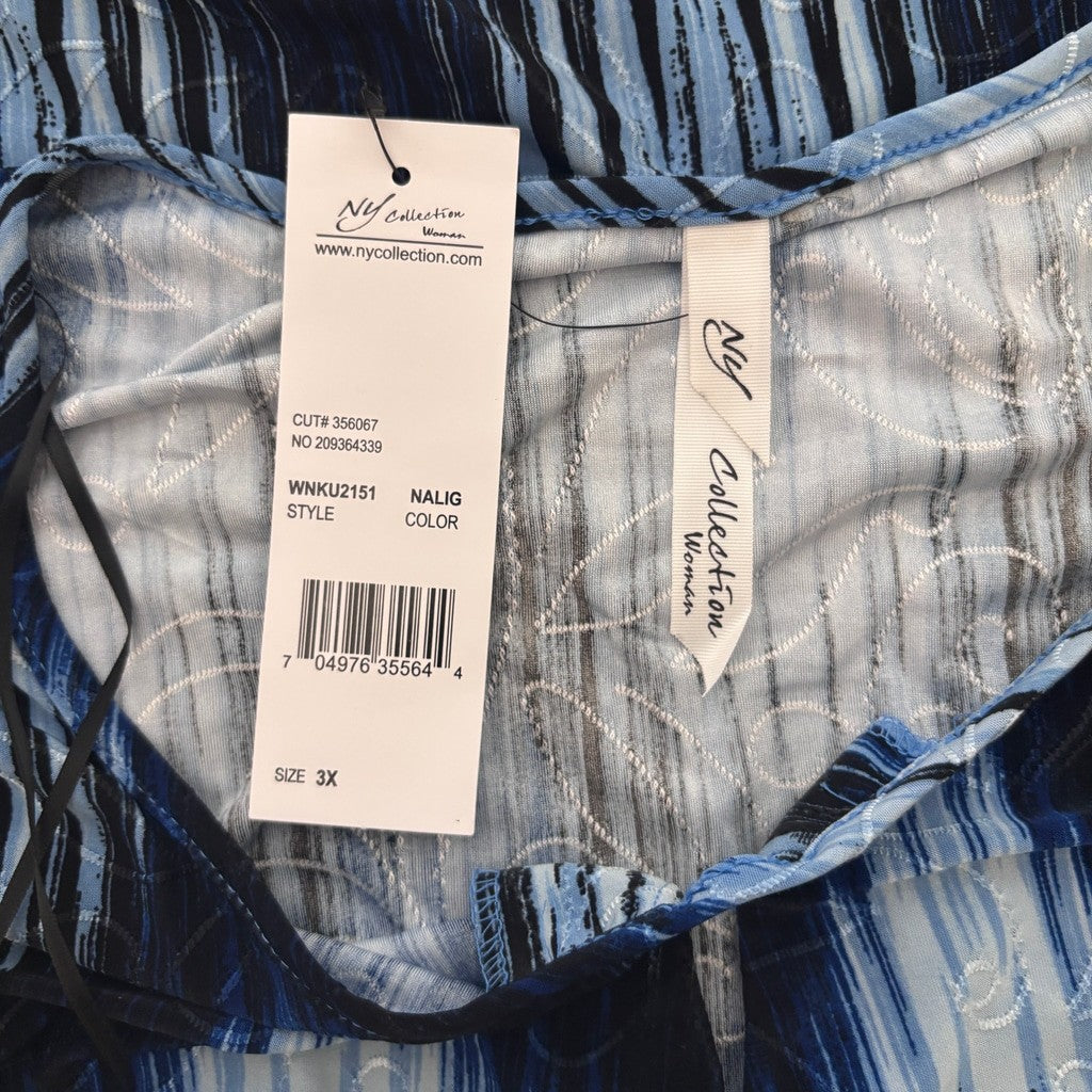 NY Collection Plus Size 3X Blue, White & Black Printed Handkerchief-Hem Top NWT