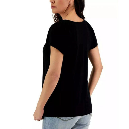 Style & Co Women's Petite Black Pleated Scoop-Neck Short-Sleeve Top NWT