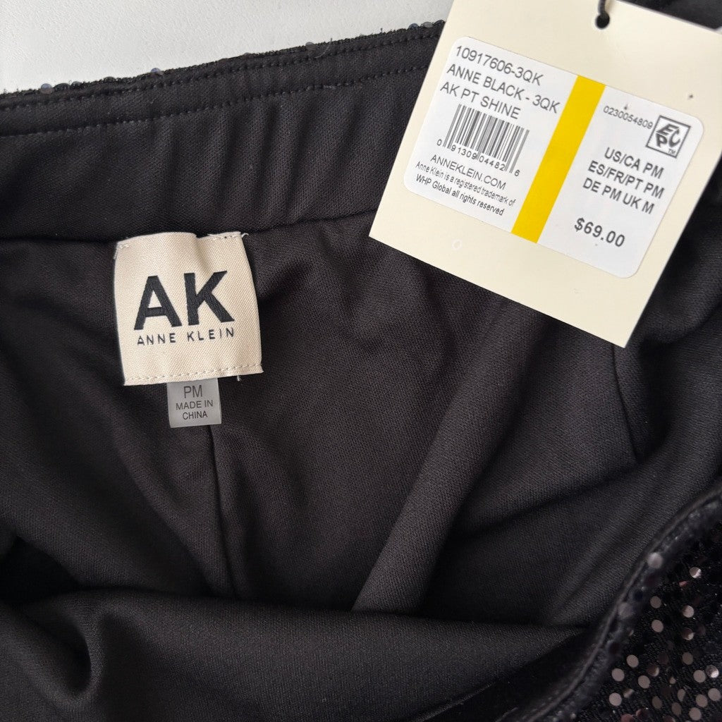Anne Klein Medium Petite Black Shine Pull-On Mid-Rise Wide-Leg Sparkle Pants NWT