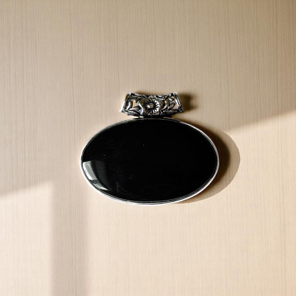 Black Obsidian Semi-Precious Gem 925 Silver Plated Artisan Pendant 2" NWT