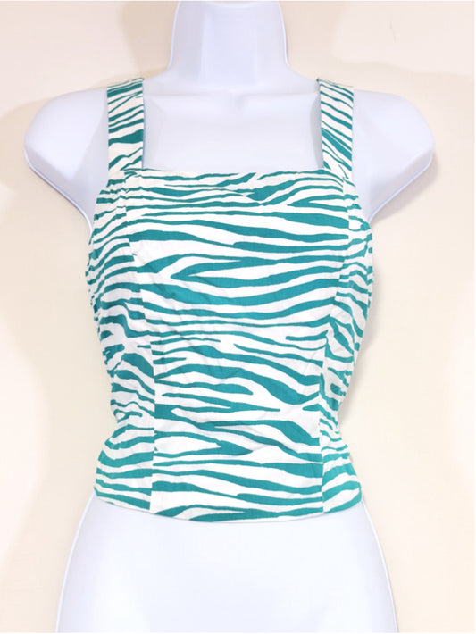 Bar III Women's Petite Petite Teal Zebra-Print Square-Neck Cropped Top NWT