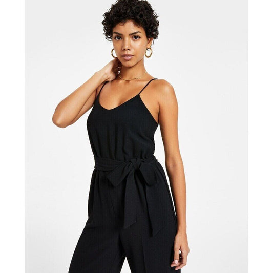 Bar III Women's Black Textured Crepe Belted V-Neck Formal Jumpsuit NWT