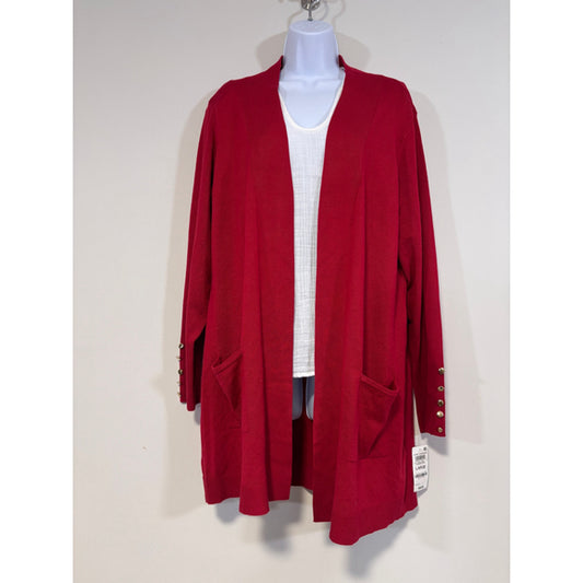 JM Collection Large Red Open Front Long Cardigan Gold Button Sleeve NWT