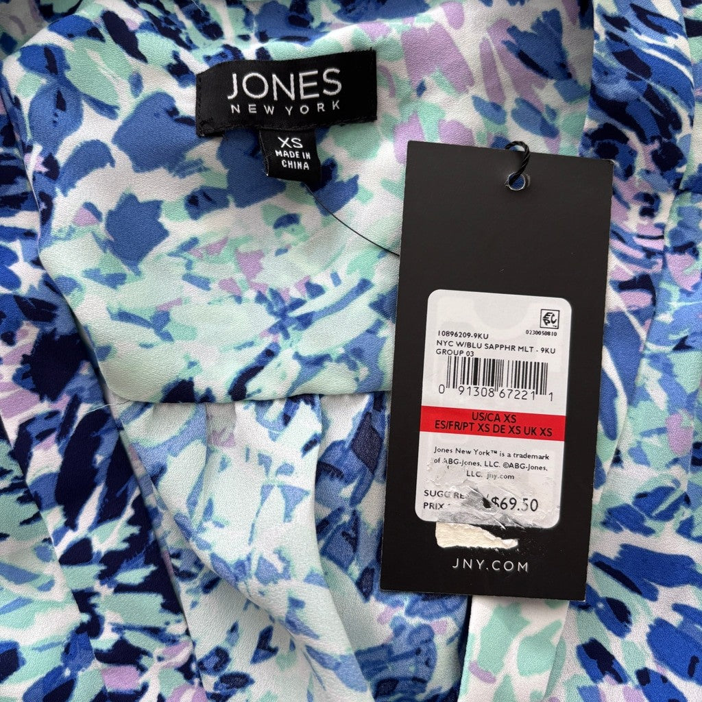 Jones New York Women's Extra Small Blue Floral Print V-Neck 3/4-Sleeve Top NWT