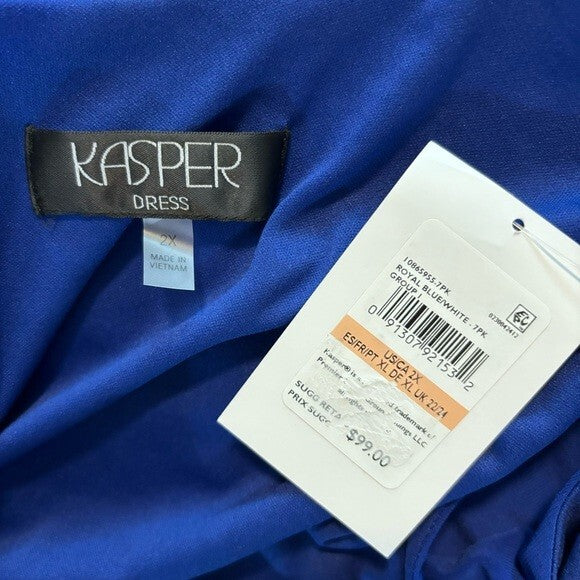 KASPER Plus Size Blue & White Colorblocked Faux-Wrap Cap-Sleeve Dress NWT