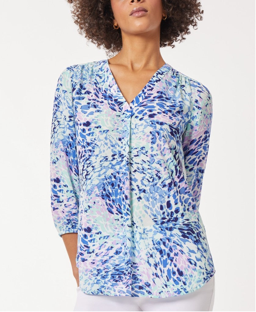Jones New York Women's Extra Small Blue Floral Print V-Neck 3/4-Sleeve Top NWT