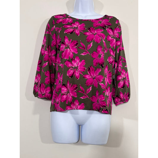 Jones New York Small Petite Pink Floral Printed Crewneck 3/4-Sleeve Top NWT
