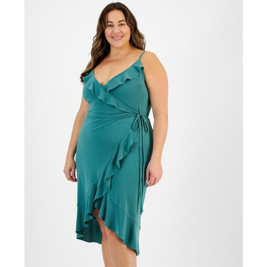 Bar III Women's Plus Size 2X Teal Ruffled Sleeveless Wrap Midi Dress NWT