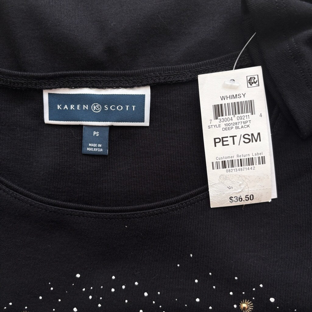 Karen Scott Women's Small Petite Black Embellished Holiday-Graphic T-Shirt NWT