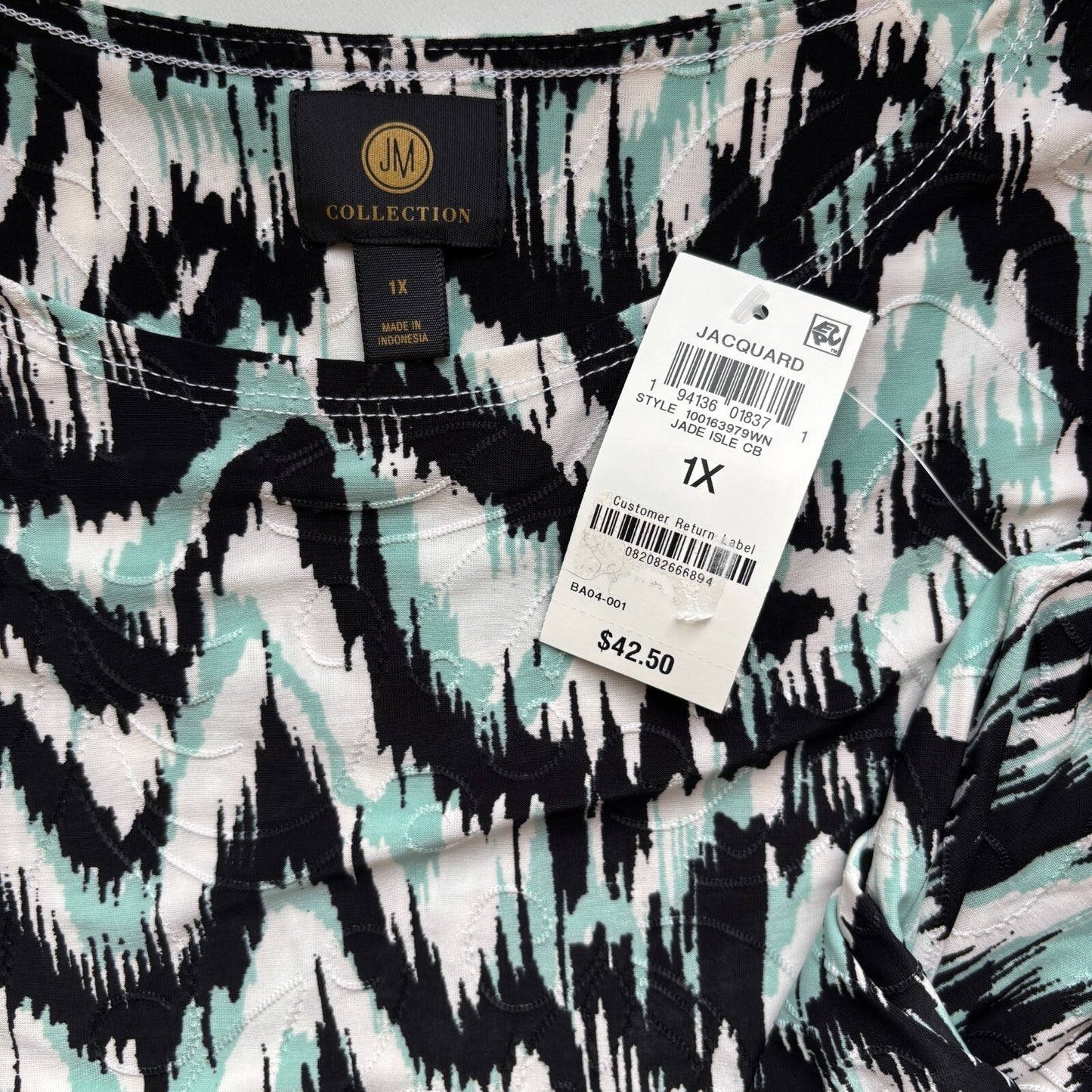 JM Collection Plus Size 3/4-Sleeve Scoop-Neck Multi-Colored Jacquard Top NWT