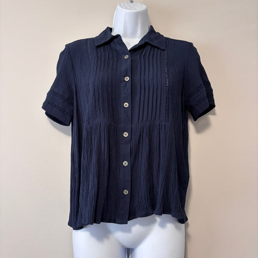Style & Co Women's Petite Navy Blue Pintuck Short-Sleeve Button-Front Shirt NWT