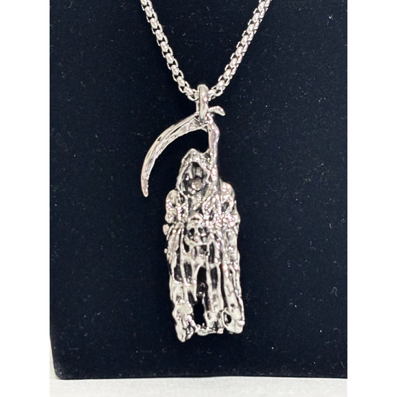 Grim Reaper w/ Scythe Gothic Necklace in Silver NWT
