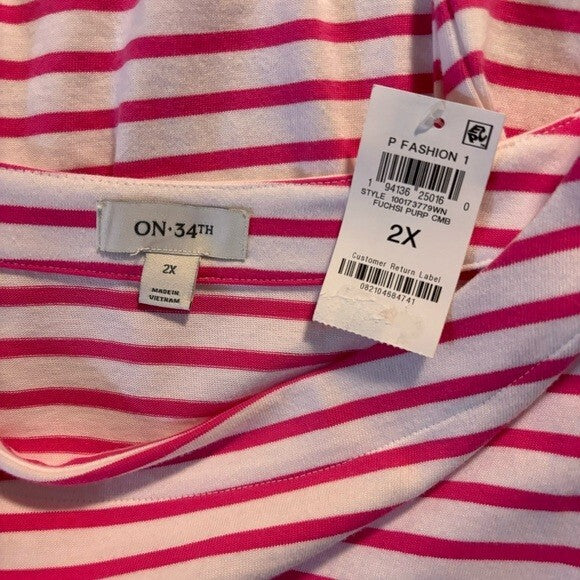 On 34th Plus Size Heavyweight Cotton Pink Striped Boat-Neck 3/4 Sleeve Top NWT