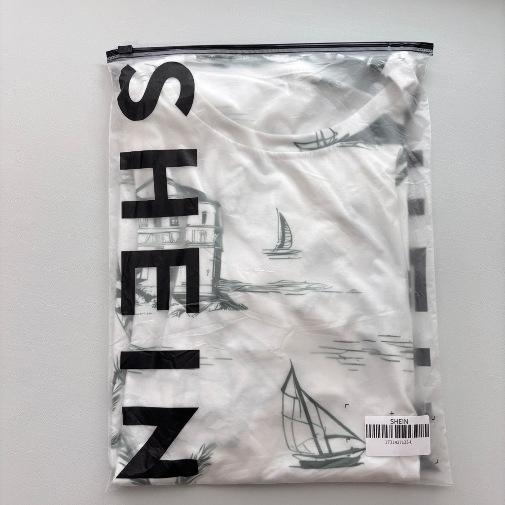 Shein Men's Large White & Green Tropical Beach & Palm Tree T-Shirt NIB