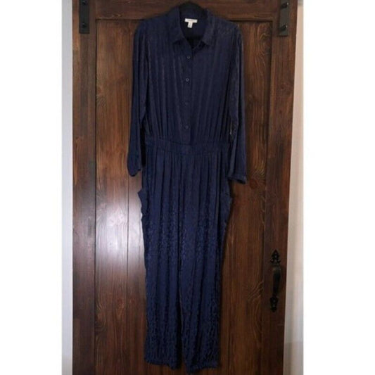 On 34th Plus Size Leopard Print Navy Blue Jacquard Jumpsuit NWT