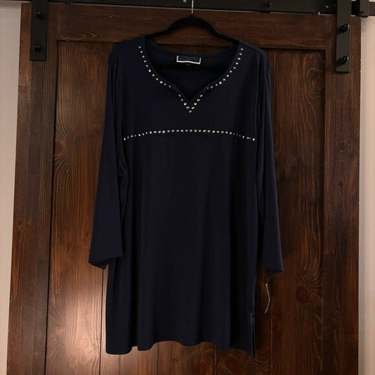 Karen Scott Plus Size Navy Blue Embellished Cotton Tunic NWT.