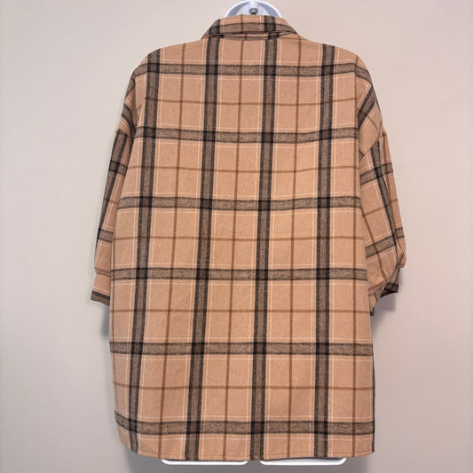 Shein Women's Size Medium Beige & Brown Plaid Button-Down Collard Shirt NIB