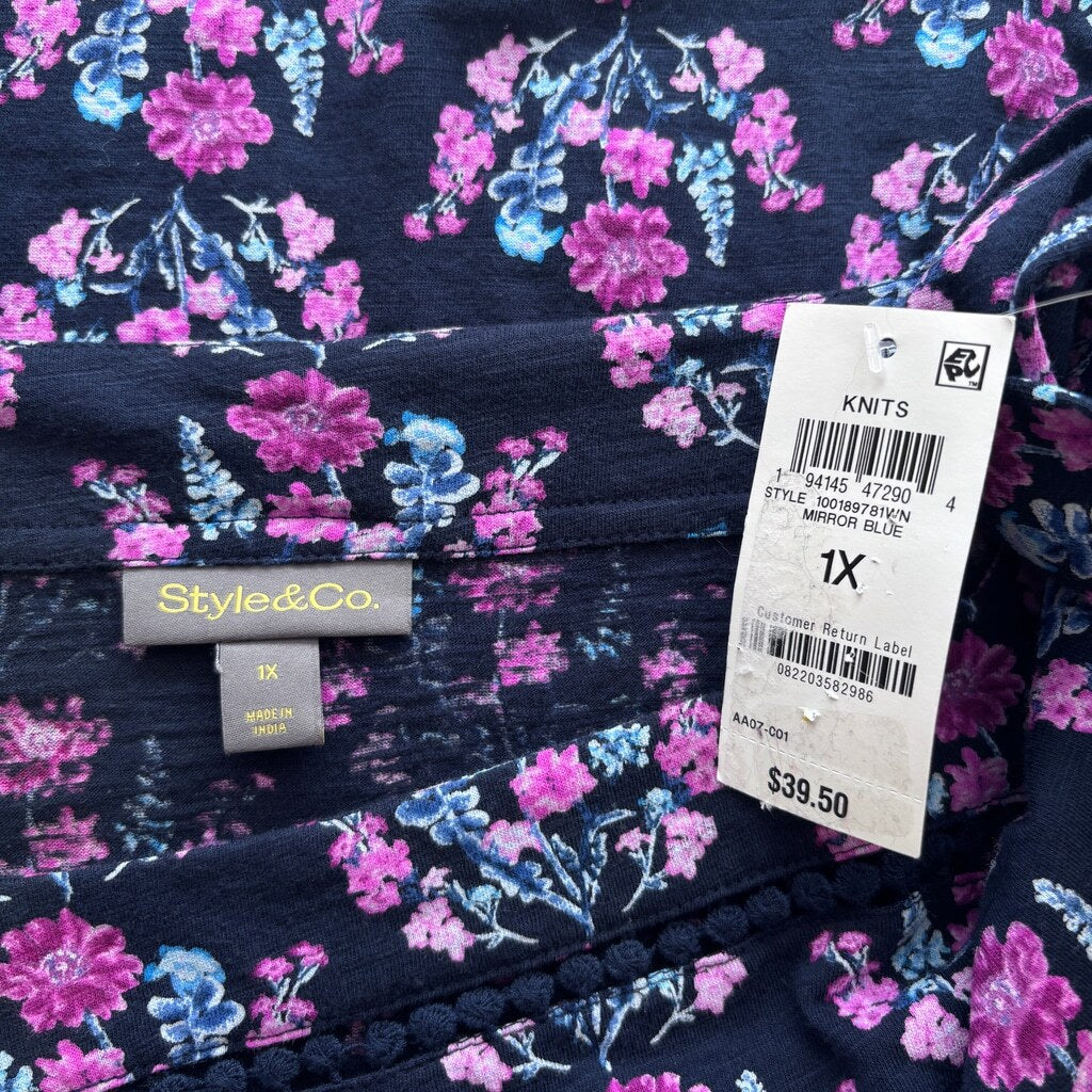Style & Co Women's Plus Size 1X Navy & Pink Printed Cotton Square-Neck Top NWT