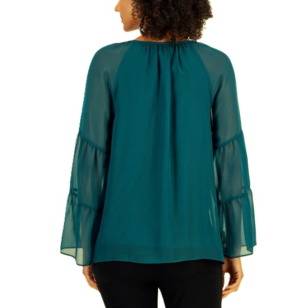 JM Collection Small Petite Teal Chiffon Long Tier-Sleeve Necklace Blouse NWT