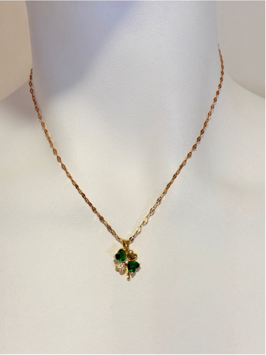 Gold Colored 4 Leaf Clover Necklace with Green and White Cubic Zirconia NWT