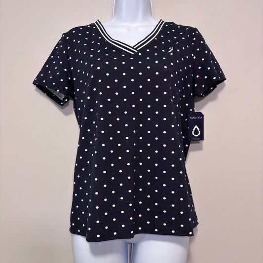 Nautica Jeans Women's Small Navy Polka-Dot Print V-Neck Short-Sleeve Top NWT