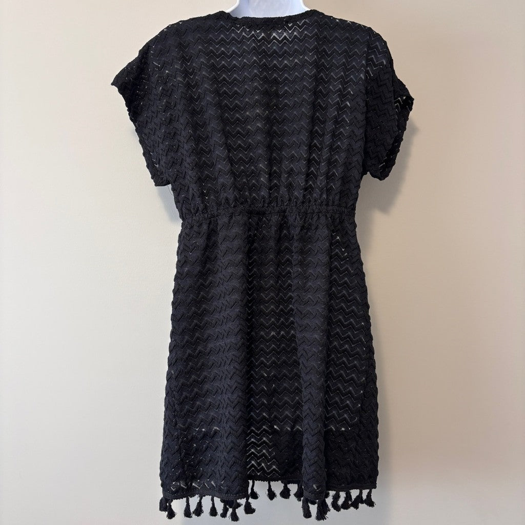 Miken Women's Size Medium Black Tie-Waist Chevron Knit Cover Up NWT