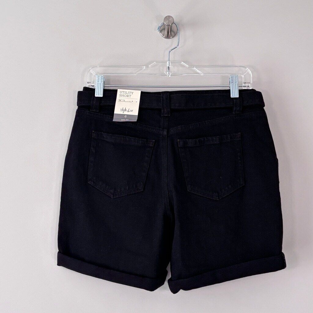 Style & Co. Women's 6 Black Mid Rise Tie-Belted Cuff Denim Shorts NWT
