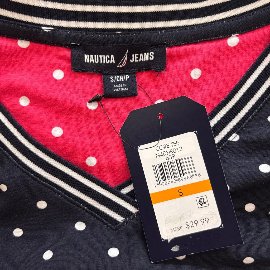 Nautica Jeans Women's Small Navy Polka-Dot Print V-Neck Short-Sleeve Top NWT