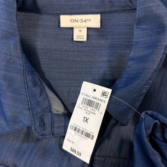 On 34th Plus Size Chambray Long-Sleeve Belted Shirtdress NWT