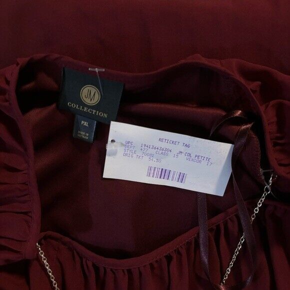 JM Collection Petite Extra Large Burgundy Long Tier-Sleeve Necklace Top NWT.