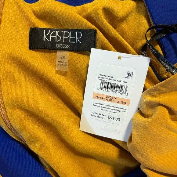 KASPER Plus Size Colorblocked Gold and Blue Faux-Wrap Cap-Sleeve Dress NWT