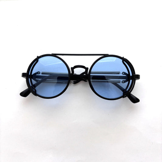 Blue Lens Steampunk Sunglasses Retro Punk Round Gothic Shades NWT