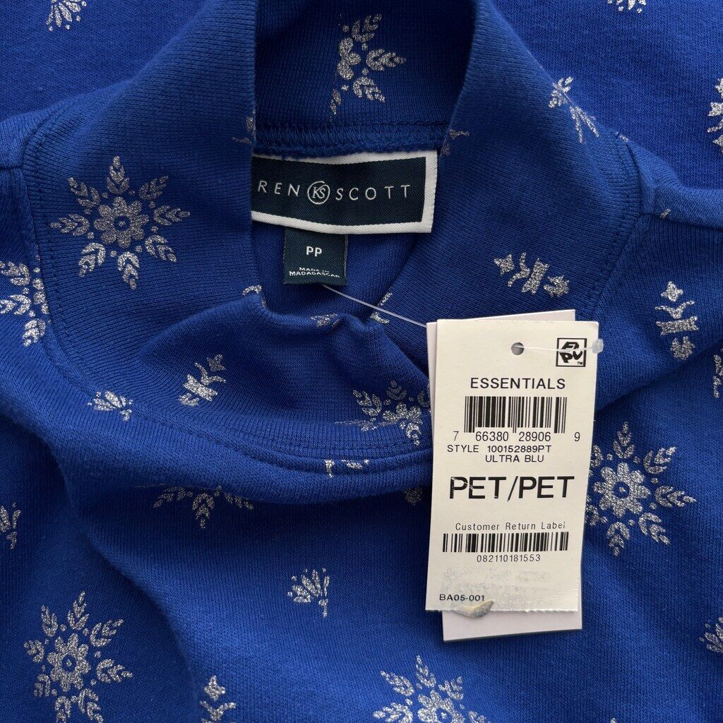 Karen Scott Women's Petite Blue Mock-Neck Top with Sparkly Snowflakes NWT