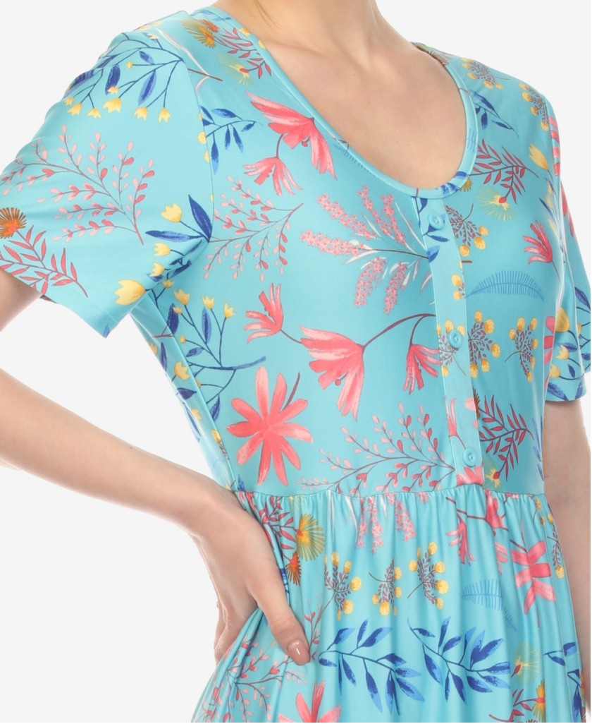 White Mark Women's Extra Large Blue Floral Short Sleeve Knee Length Dress NWT