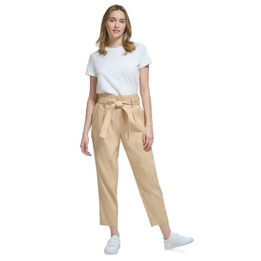 CALVIN KLEIN Women's Linen Blend High-Rise Tie-Waist Dress Pants, Beige NWT