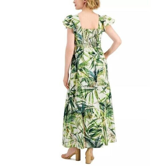 TAYLOR Cotton Printed Bow-Tie Maxi Dress, Green & White NWT