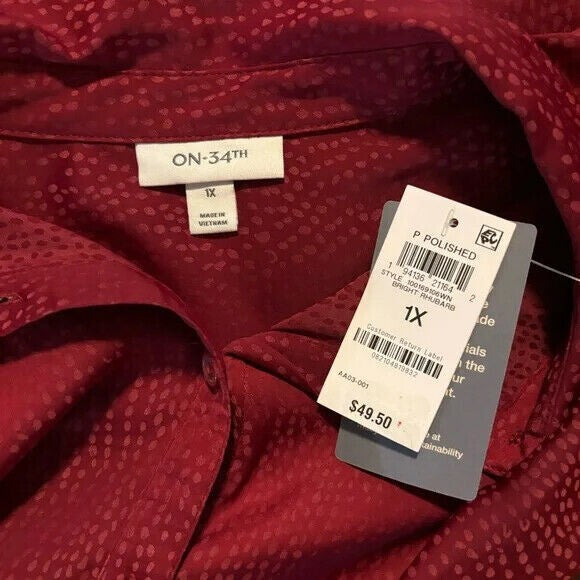 On 34th Plus Size Bright Rhubarb Polka-Dot Satin Jacquard Shirt NWT