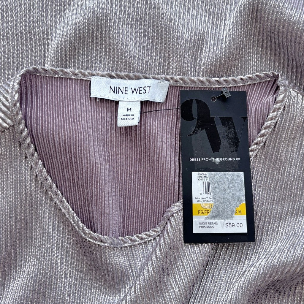 Nine West Women's Size Medium Shiny Silver Crinkle Short Sleeved Shirt NWT