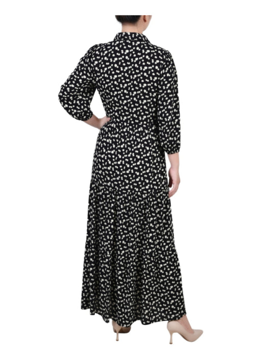 NY Collection Women's Medium Petite Black Floral Tiered Maxi Shirt Dress NWT