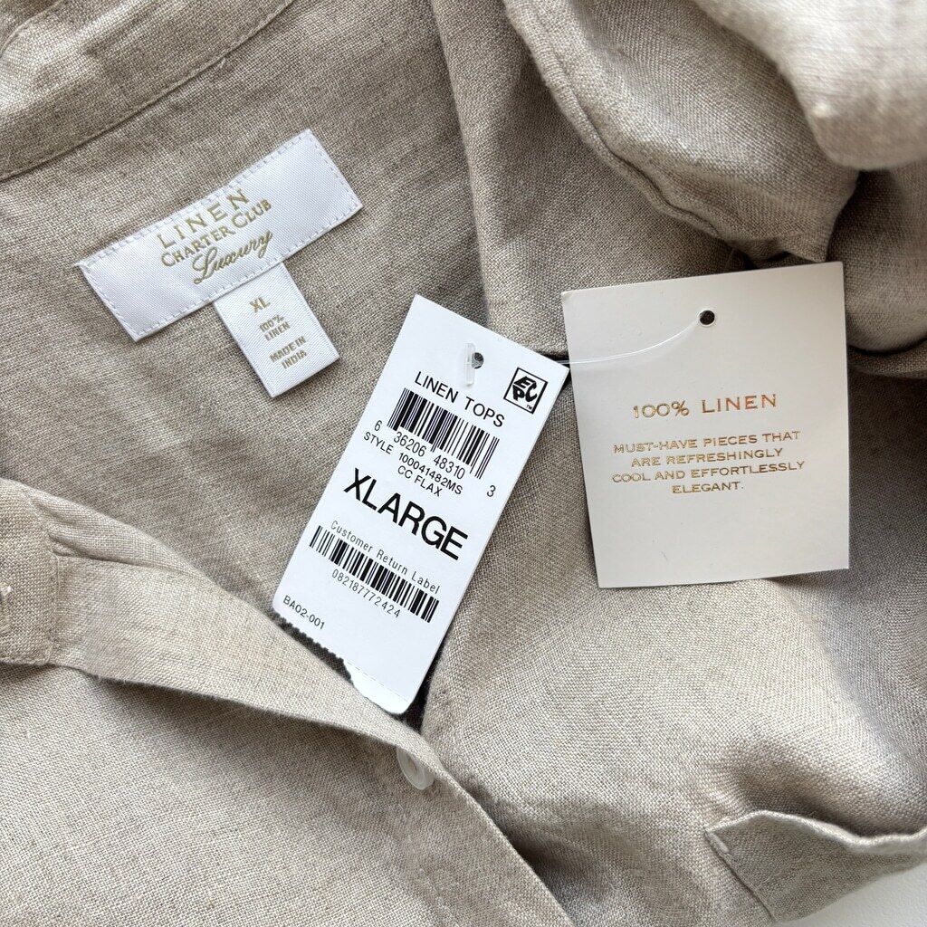 Charter Club Women's XL Light Brown 100% Linen Utility Button-Down Shirt NWT