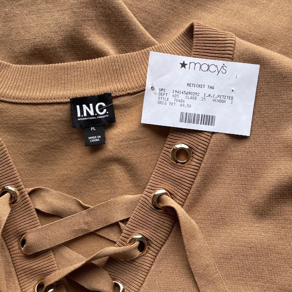 INC International Concepts Women's Large Petite Brown Lace-Up Tunic Sweater NWT