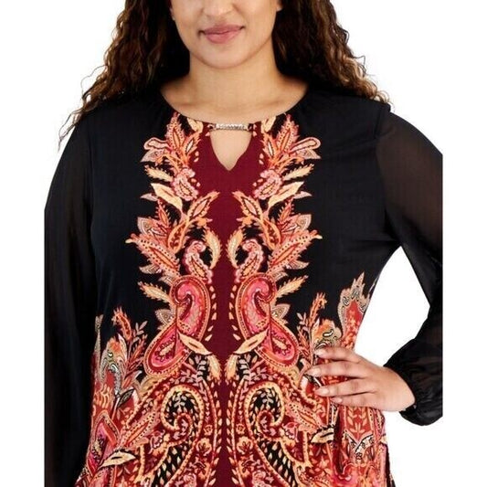 JM Collection Plus Size Printed Chiffon-Sleeve Embellished-Neck Top NWT