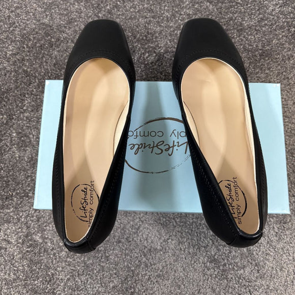 Life Stride Women's 10W Black Faux Vegan Leather Square Toe, Wedge Pumps NIB